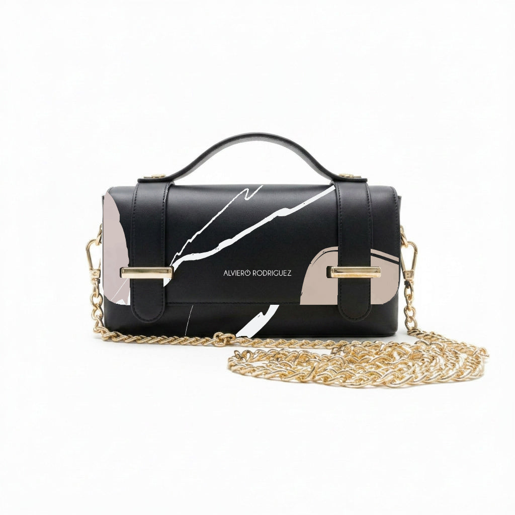 Borsa Alviero Rodriguez Chery Fashion Ink con pennellate bianche e beige su fondo nero