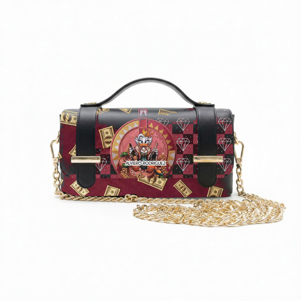 Borsa Alviero Rodriguez Chery Cartoon Bordeaux con banconote e personaggi cartoon su fondo bordeaux