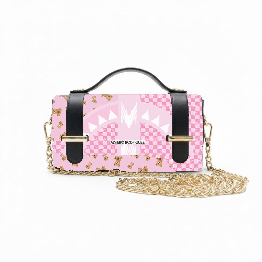 Borsa Alviero Rodriguez Chery Teddy Rosa Chiaro con orsetti su fondo a scacchi rosa pastello