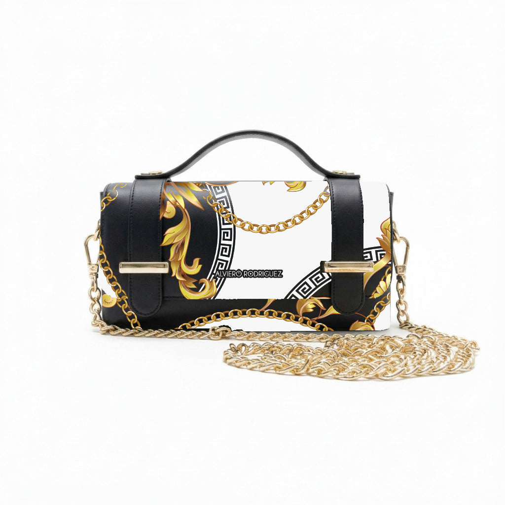 Borsa Alviero Rodriguez Chery Royal White con un motivo barocco oro e nero su fondo bianco