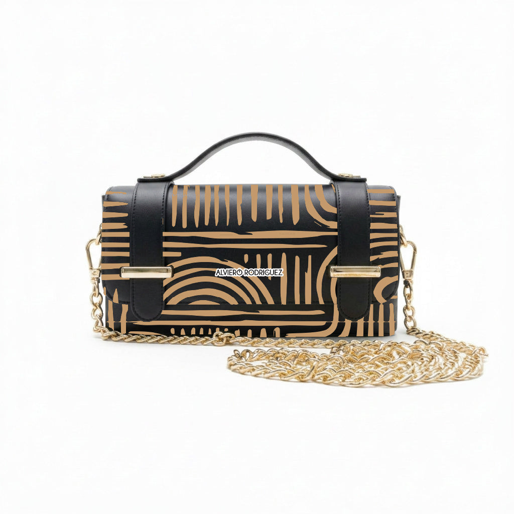 Borsa Alviero Rodriguez Chery Cheope con una grafica geometrica dorata su fondo nero