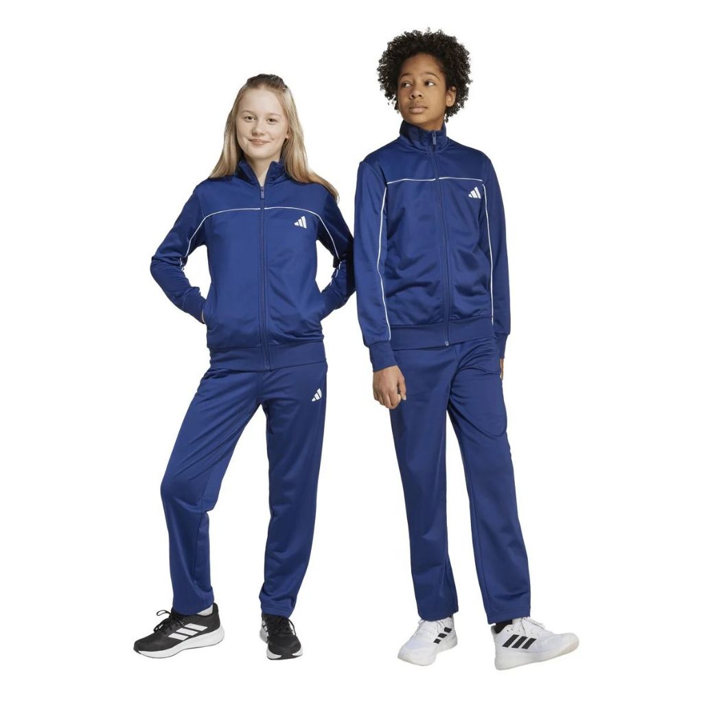Tuta Adidas blu navy con giacca con zip e pantaloni con bande bianche