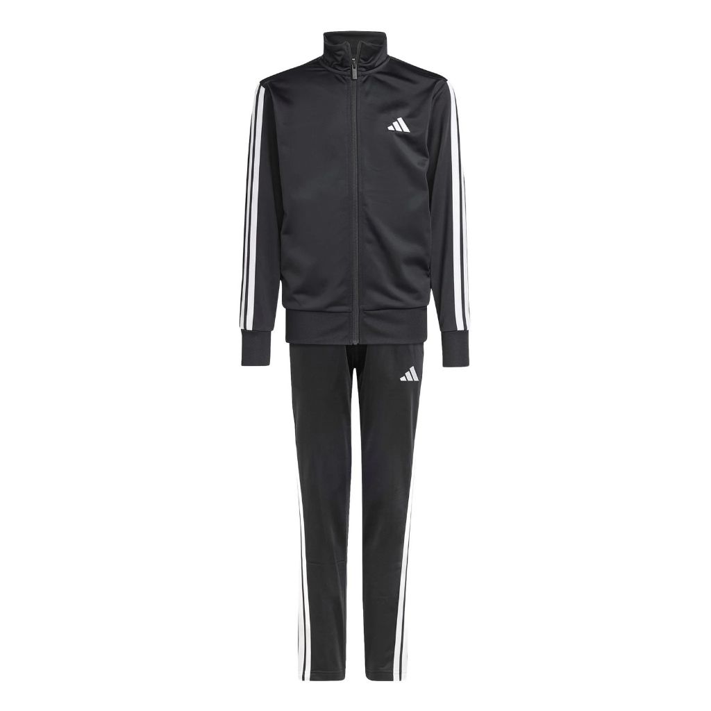 Tuta Adidas nera con giacca con zip e pantaloni con bande bianche