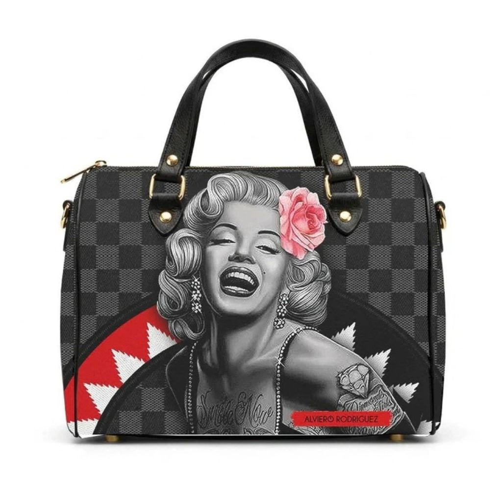 Borsa bauletto Alviero Rodriguez nera con stampa fotorealistica e fondo check