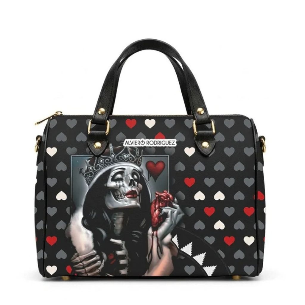 Borsa bauletto Alviero Rodriguez nera con stampa gotica e cuori