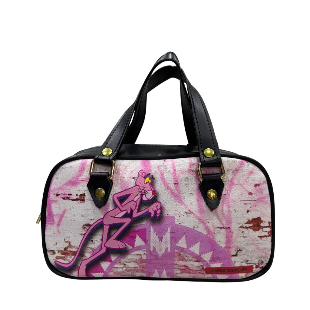 Mini bag Alviero Rodriguez in ecopelle con stampa rosa effetto muro e manici neri