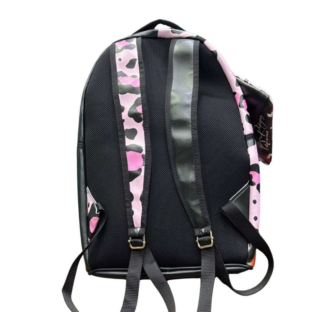 Zaino nero con illustrazione di donna dai capelli bicolore e stampa animalier rosa
