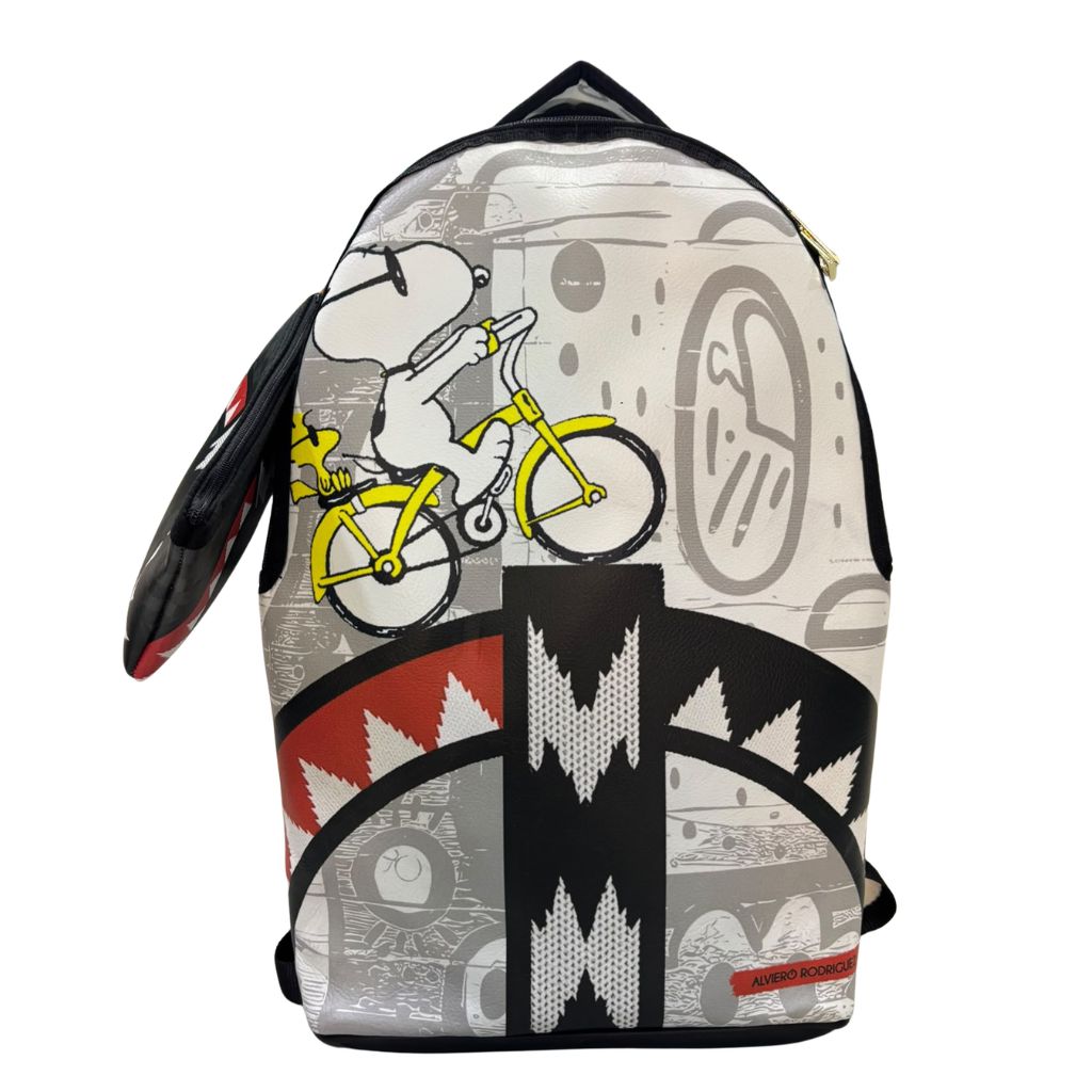 Zaino in ecopelle grigio con stampa illustrata, bicicletta gialla e pochette abbinata