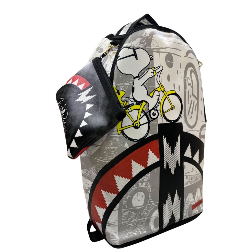Zaino in ecopelle grigio con stampa illustrata, bicicletta gialla e pochette abbinata