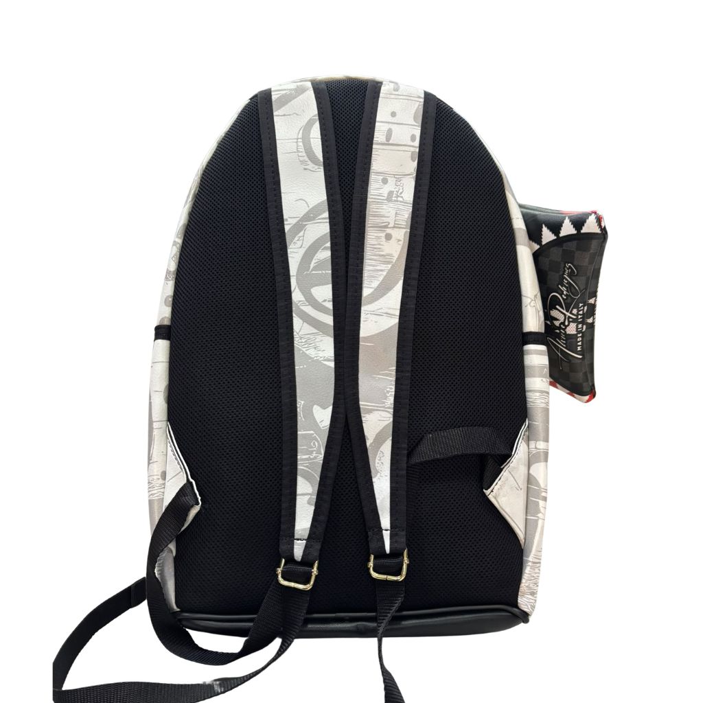 Zaino in ecopelle grigio con stampa illustrata, bicicletta gialla e pochette abbinata