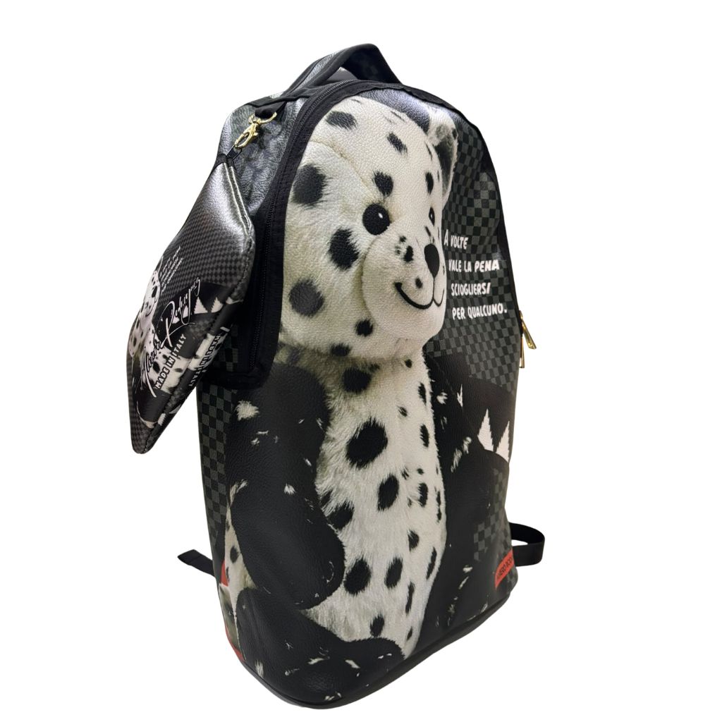 Zaino in ecopelle nero con orsetto di peluche maculato, frase scritta e pochette abbinata