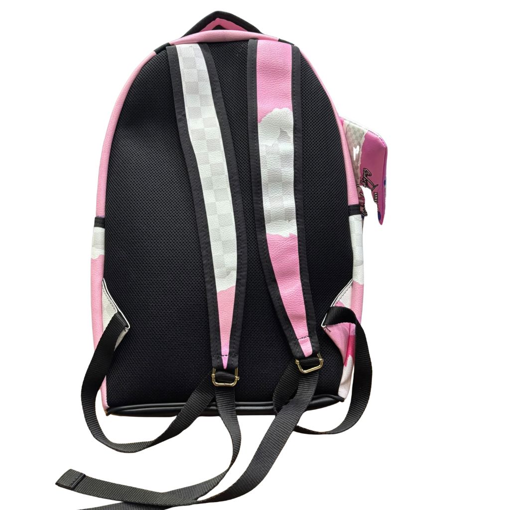 Zaino rosa con effetto carta strappata, personaggi stampati e pochette abbinata