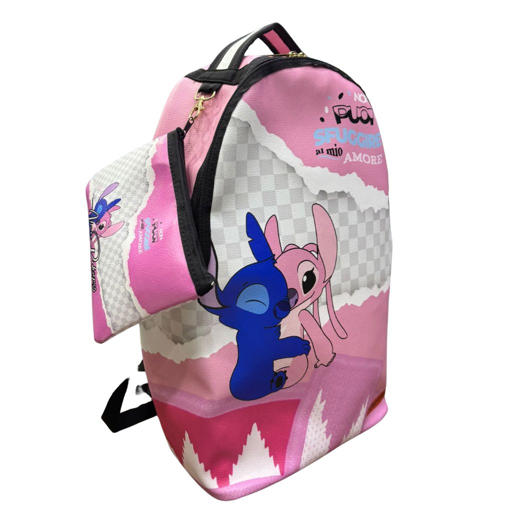 Zaino rosa con effetto carta strappata, personaggi stampati e pochette abbinata
