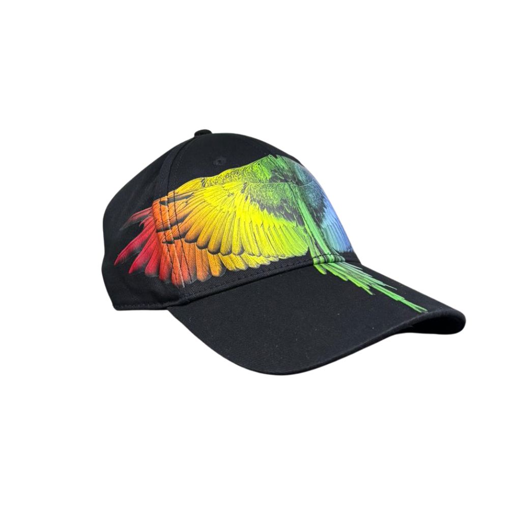 Cappello baseball County of Milan in cotone nero con stampa ali spiegate arcobaleno sul fronte, sfumatura dal rosso al viola.