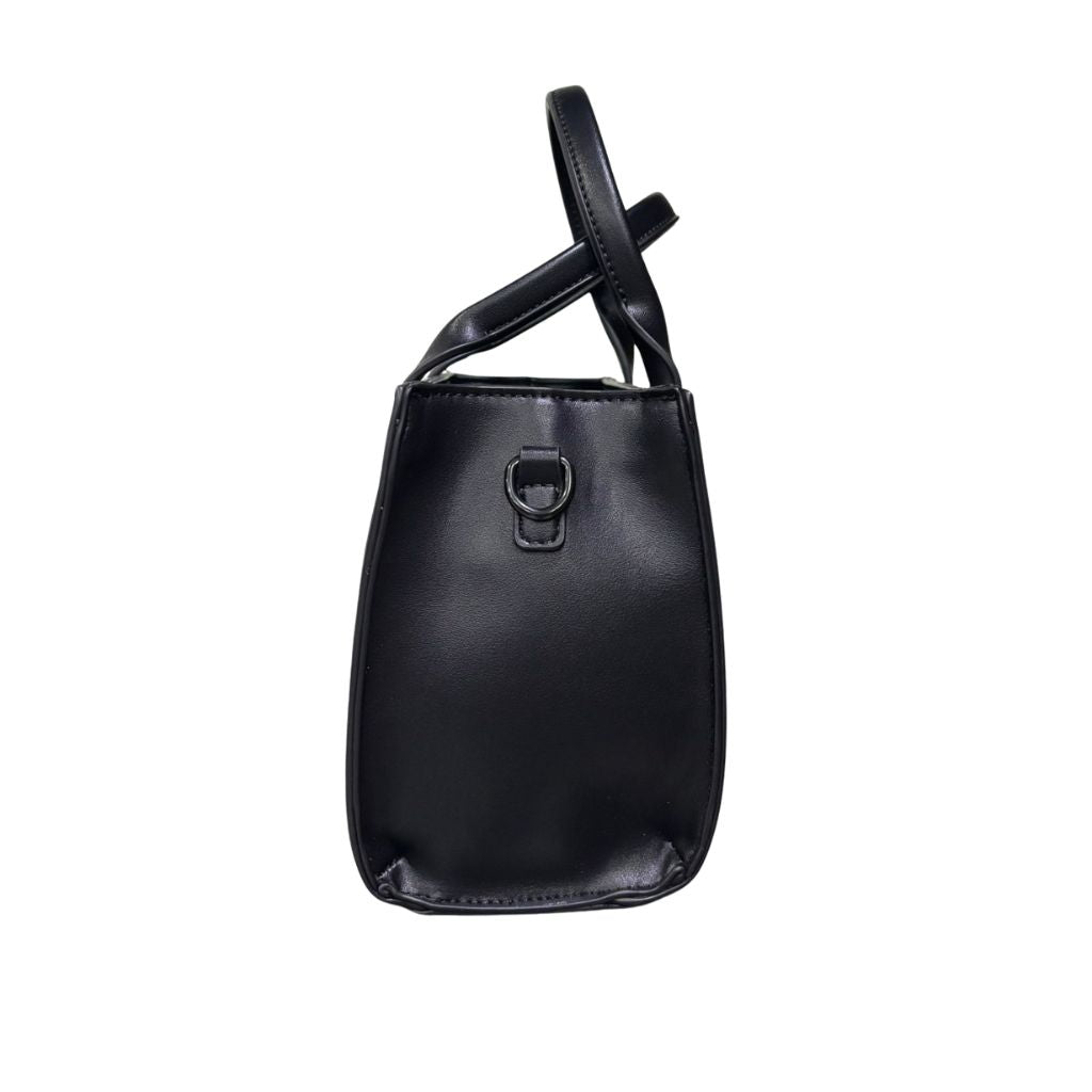 Mini tote bag County of Milan nera ecopelle liscia stampa Wings rosa fucsia doppi manici tracolla rimovibile