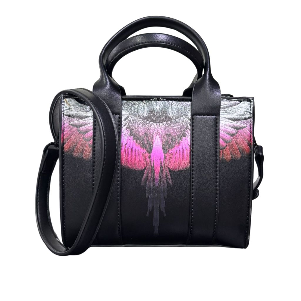 Mini tote bag County of Milan nera ecopelle liscia stampa Wings rosa fucsia doppi manici tracolla rimovibile