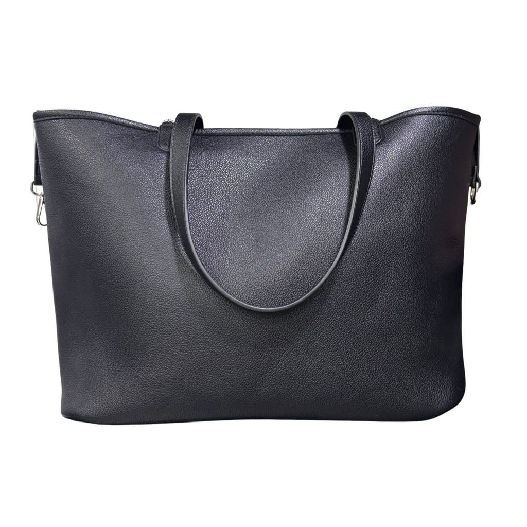 Borsa reversibile County of Milan in ecopelle: lato stampa leopardata all-over con logo croce e lato nero con stampa Leopard Wings oro, pochette coordinata inclusa.