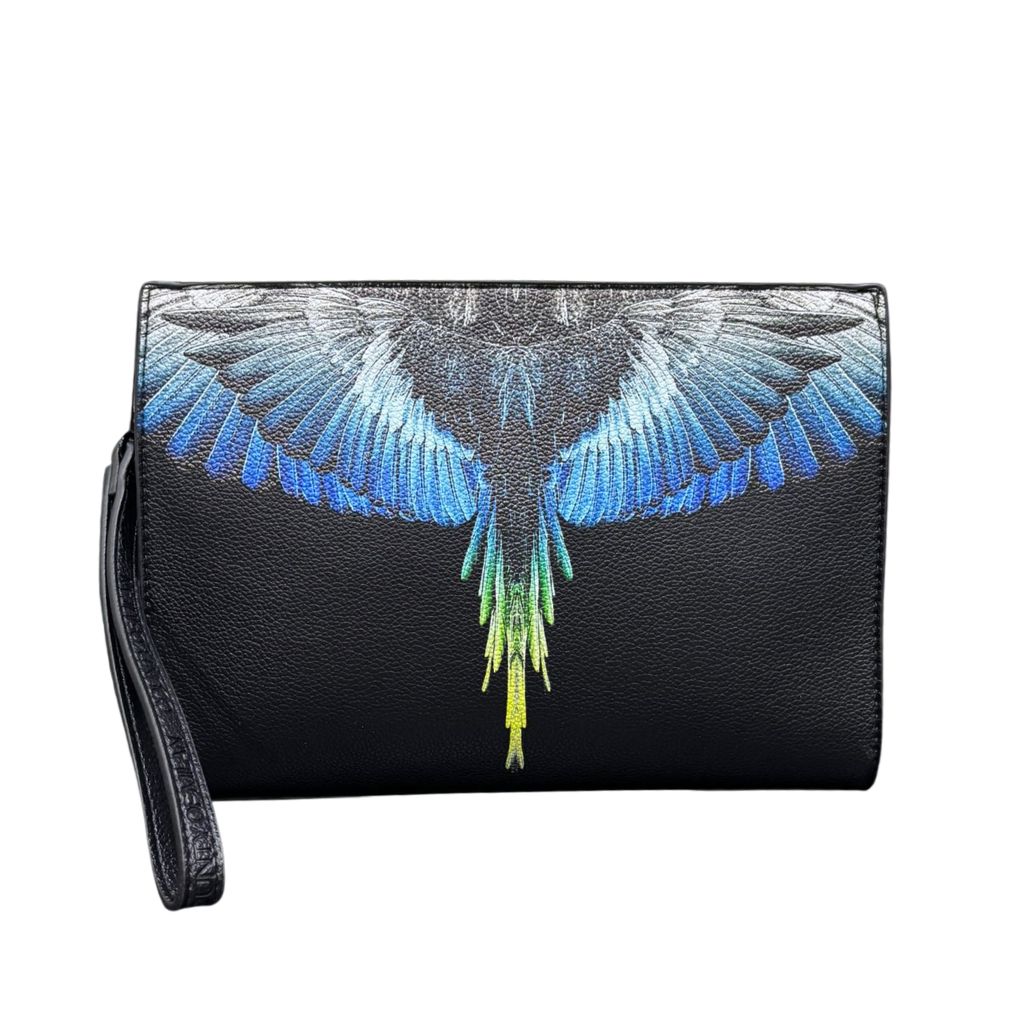 Borsello uomo County of Milan nero in ecopelle con stampa ali Wings blu royal turchese giallo