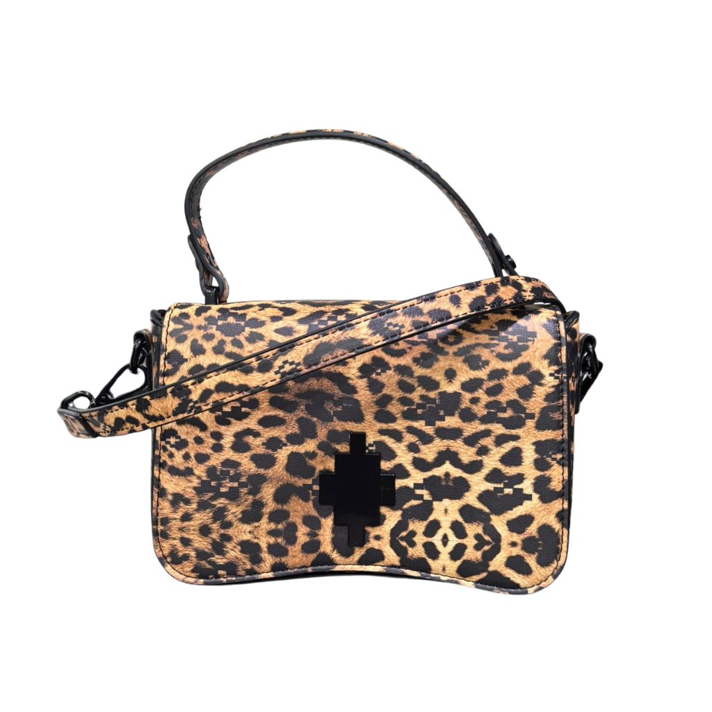 Mini bag in ecopelle leopardata County of Milan con logo croce nera in rilievo, manico superiore rigido e tracolla regolabile rimovibile.