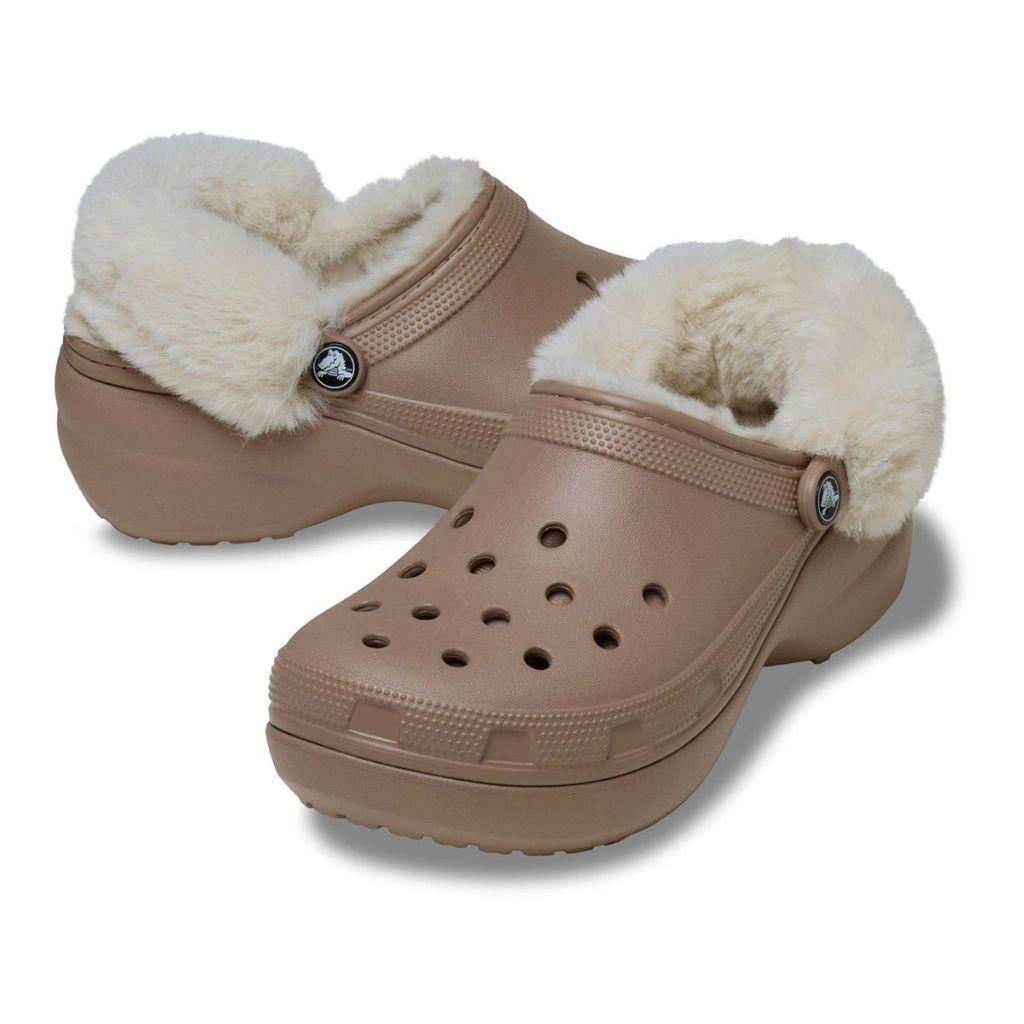 Clog Crocs Classic Platform cappuccino con fodera effetto peluche crema e cinturino posteriore rivestito
