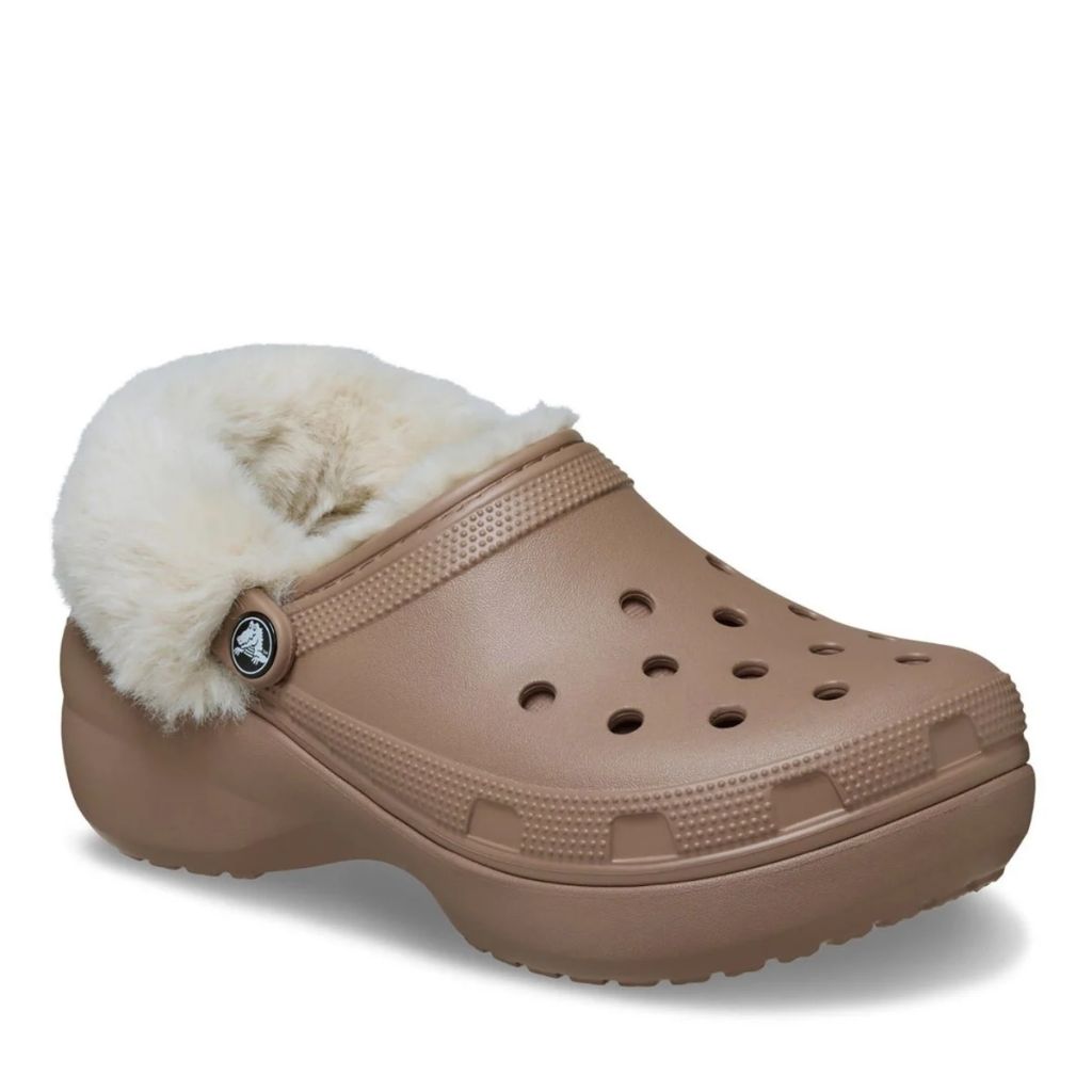 Clog Crocs Classic Platform cappuccino con fodera effetto peluche crema e cinturino posteriore rivestito