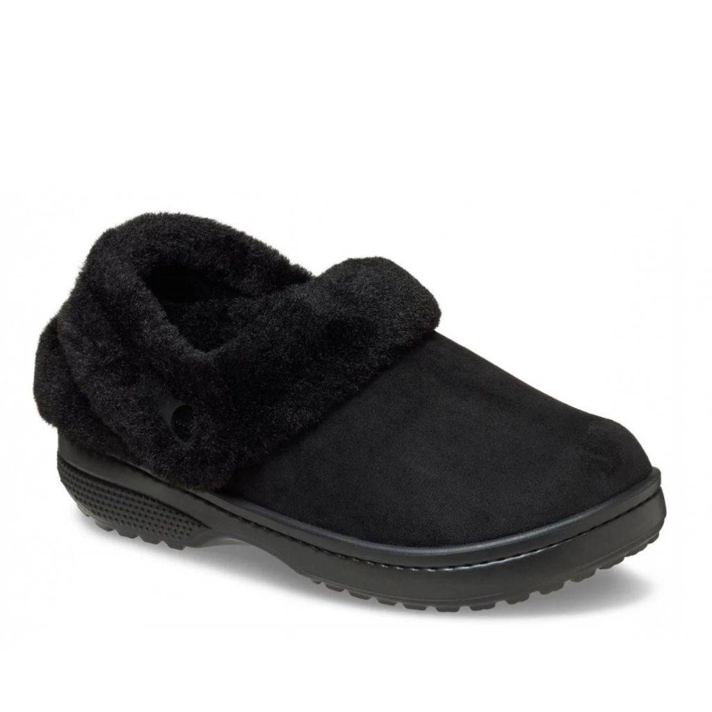 Clog Crocs nero in finta scamosciata con colletto in ecopelliccia e cinturino posteriore