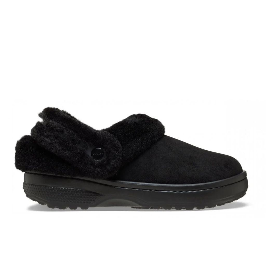 Clog Crocs nero in finta scamosciata con colletto in ecopelliccia e cinturino posteriore