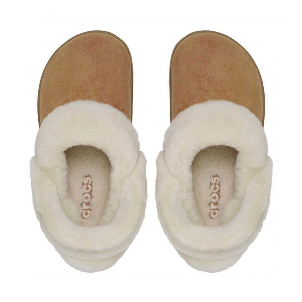 Clog Crocs cammello in finta scamosciata con colletto in ecopelliccia crema e cinturino