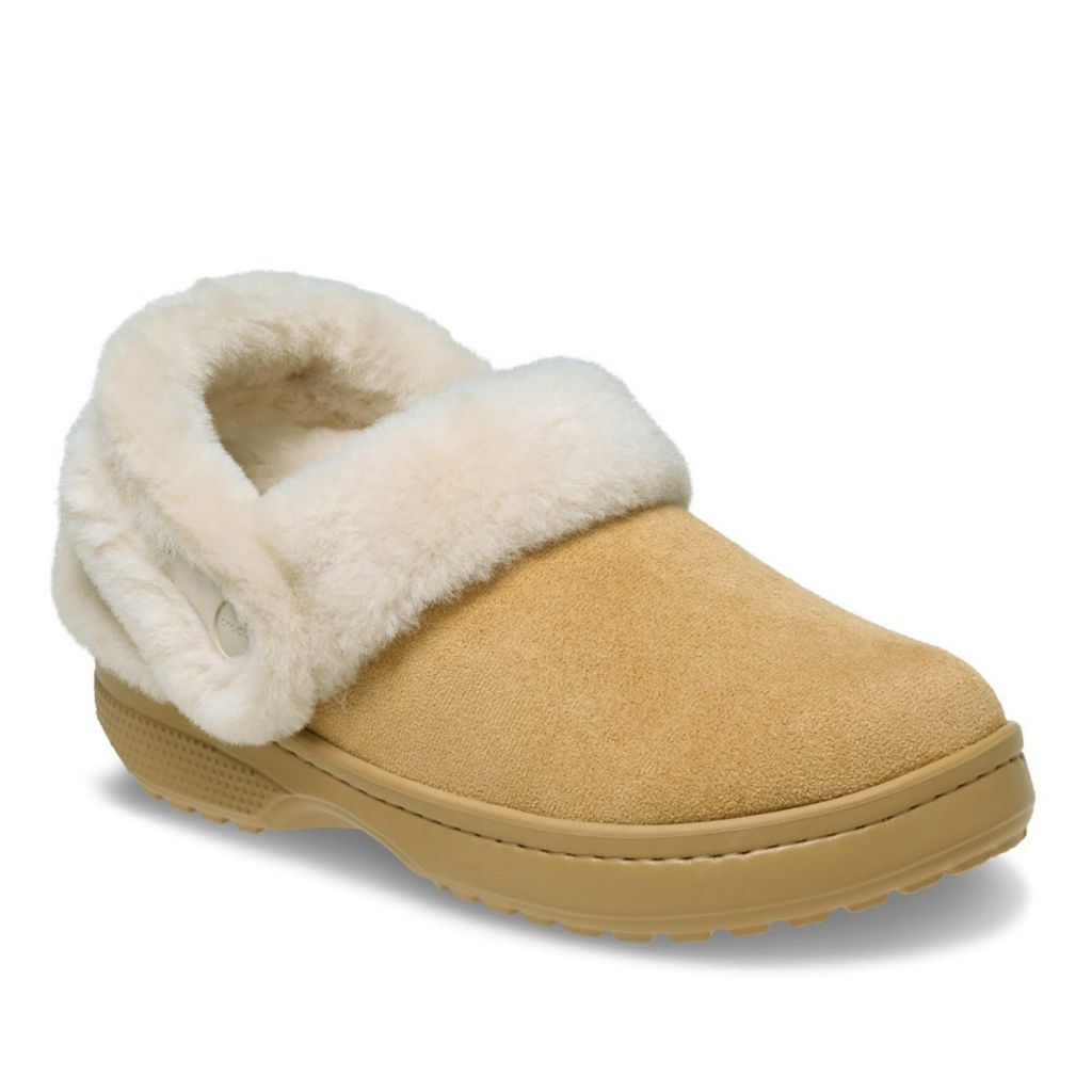 Clog Crocs in finta scamosciata con colletto in ecopelliccia crema e cinturino