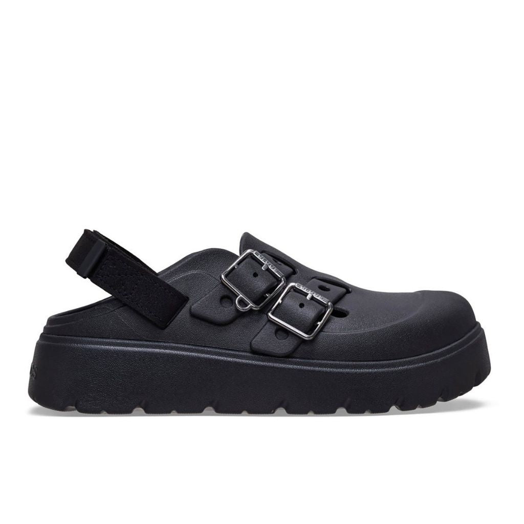 Clog Crocs Loaferette nero con suola platform, due fibbie e cinturino posteriore