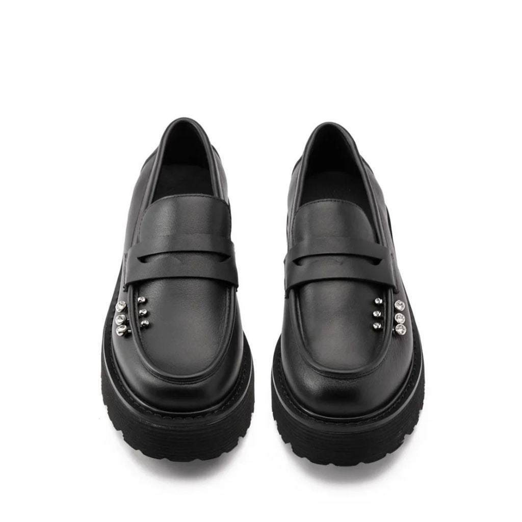 Loafer Cult nero con borchiette strass e suola platform