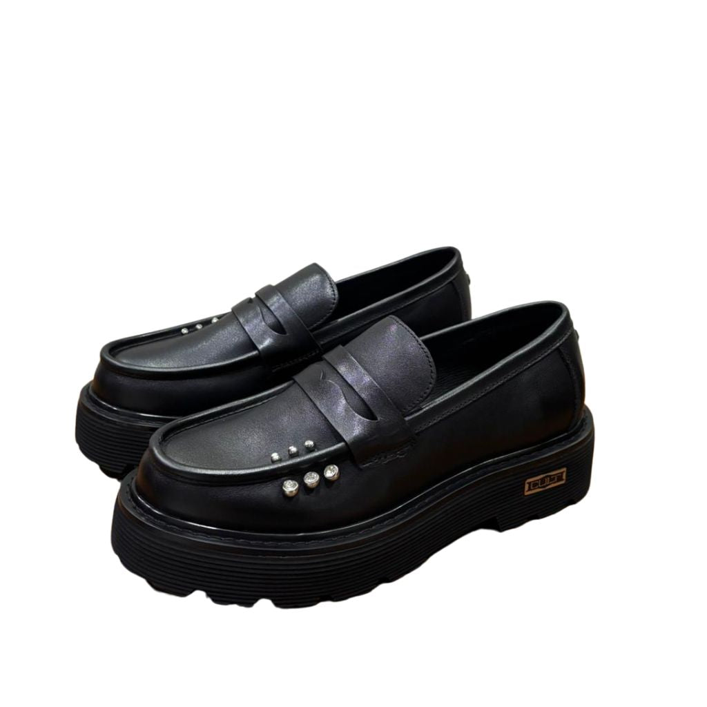Loafer Cult nero con borchiette strass e suola platform