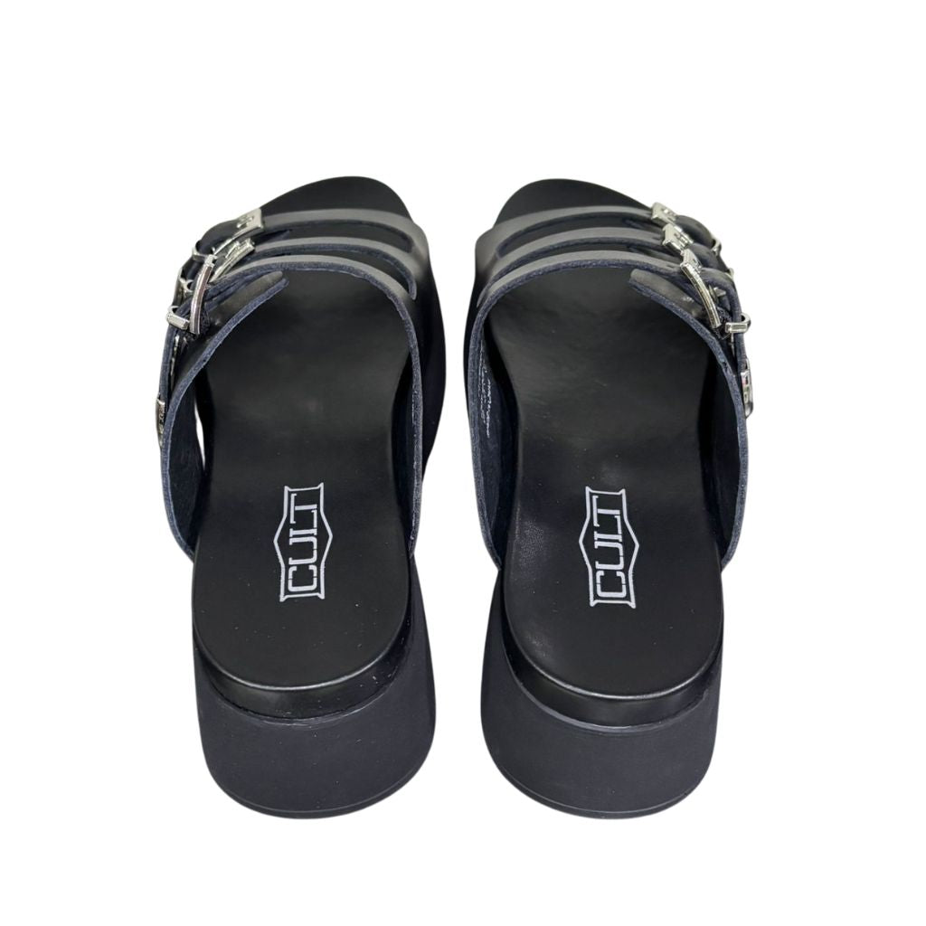 Sandalo platform in pelle nera con tre fasce e fibbie silver
