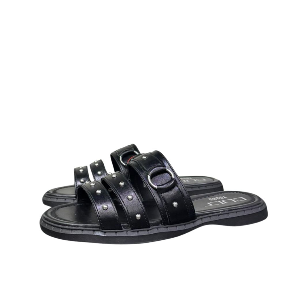 Ciabatta flat donna nera ecopelle tripla fascia borchie argentate