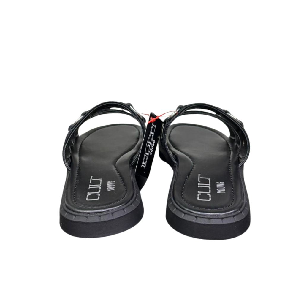 Ciabatta flat donna nera ecopelle tripla fascia borchie argentate