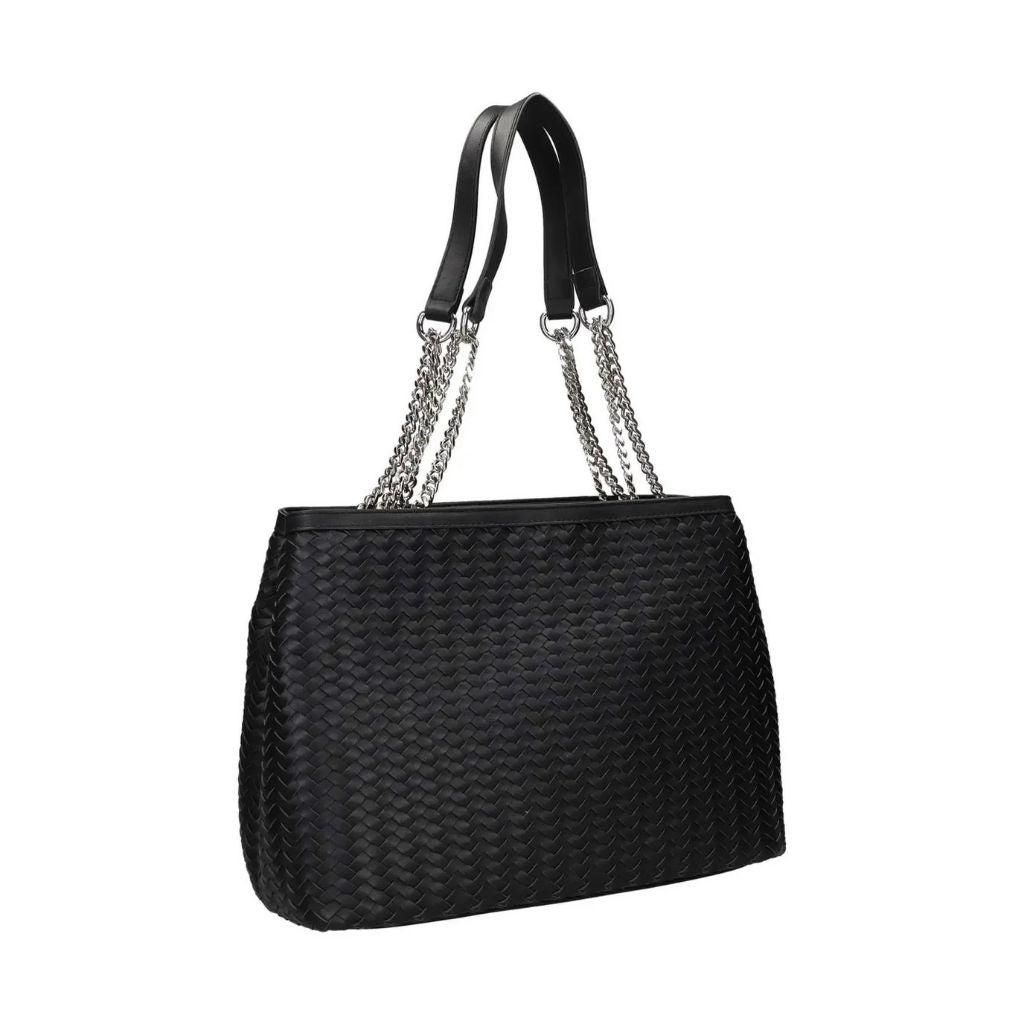 Borsa shopping bag nera a spalla in ecopelle intrecciata