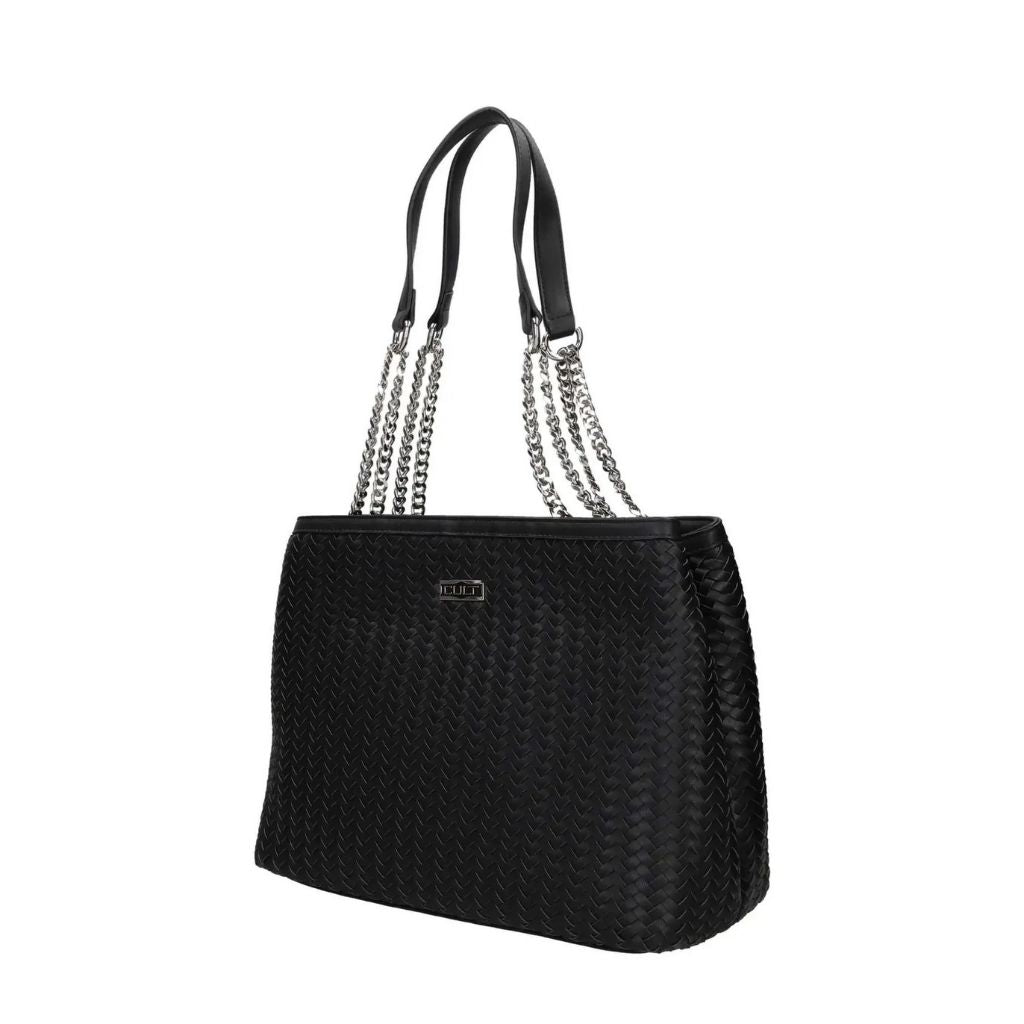 Borsa shopping bag nera a spalla in ecopelle intrecciata