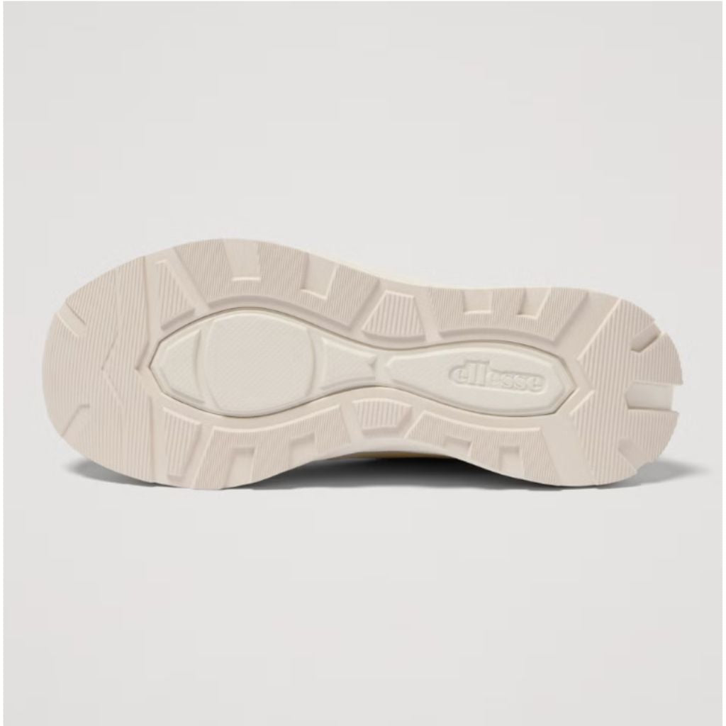 Sneakers da donna Ellesse Alba color beige e panna con tomaia in mesh e suede, suola spessa sagomata e lacci abbinati.