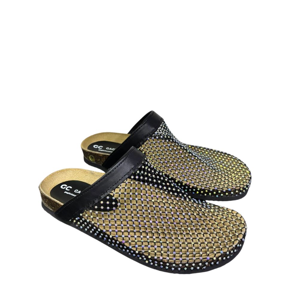 Mule Gagliotta GC in pelle nera con rete glitterata multicolor, suola sughero 3 cm.