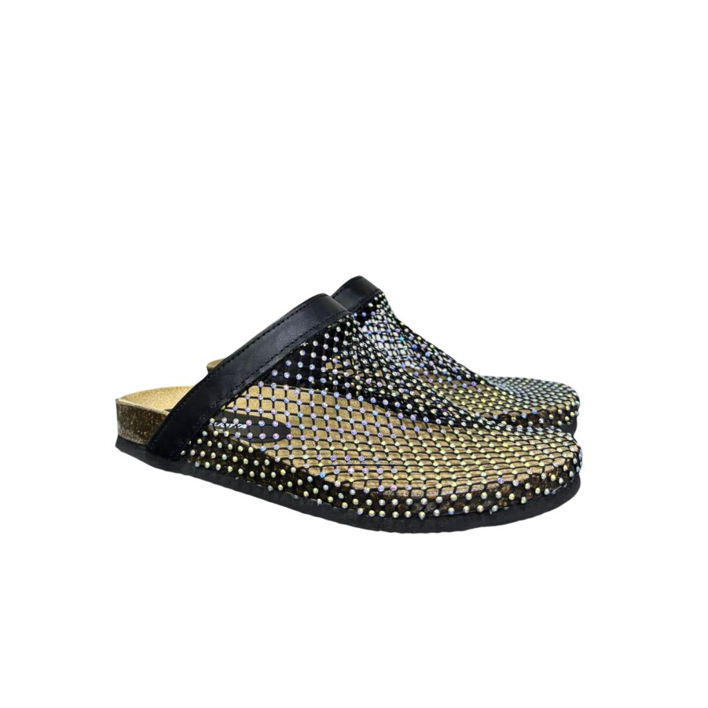 Mule Gagliotta GC in pelle nera con rete glitterata multicolor, suola sughero 3 cm.