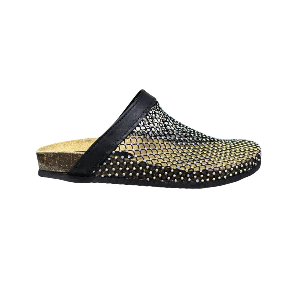 Mule Gagliotta GC in pelle nera con rete glitterata multicolor, suola sughero 3 cm.