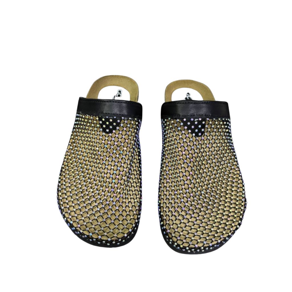 Mule Gagliotta GC in pelle nera con rete glitterata multicolor, suola sughero 3 cm.