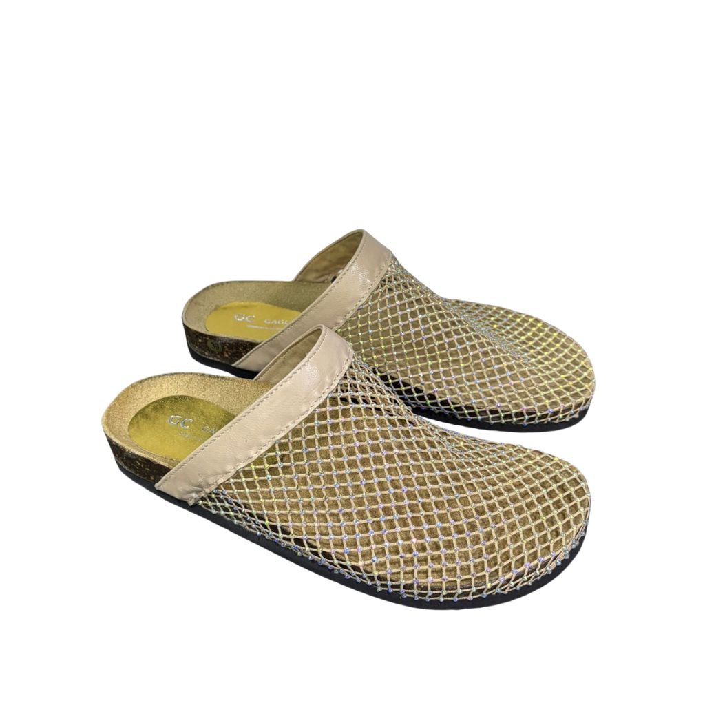 Mule Gagliotta GC in pelle beige con rete glitterata multicolor, suola sughero 3 cm.