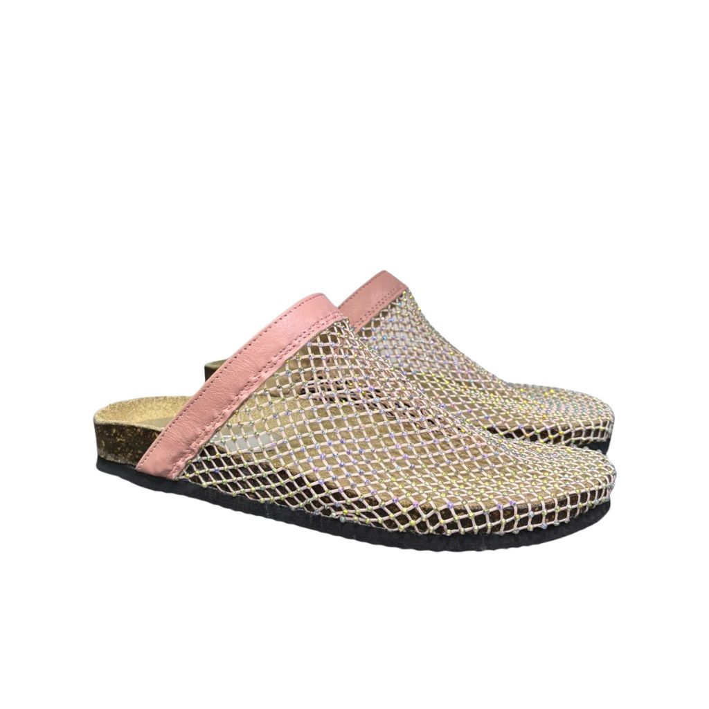 Mule Gagliotta GC in pelle rosa con rete glitterata multicolor, suola sughero.
