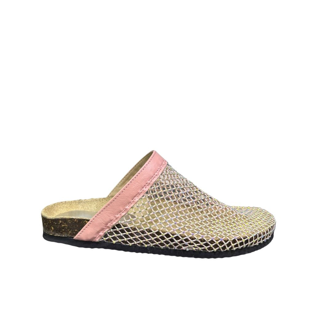 Mule Gagliotta GC in pelle rosa con rete glitterata multicolor, suola sughero.
