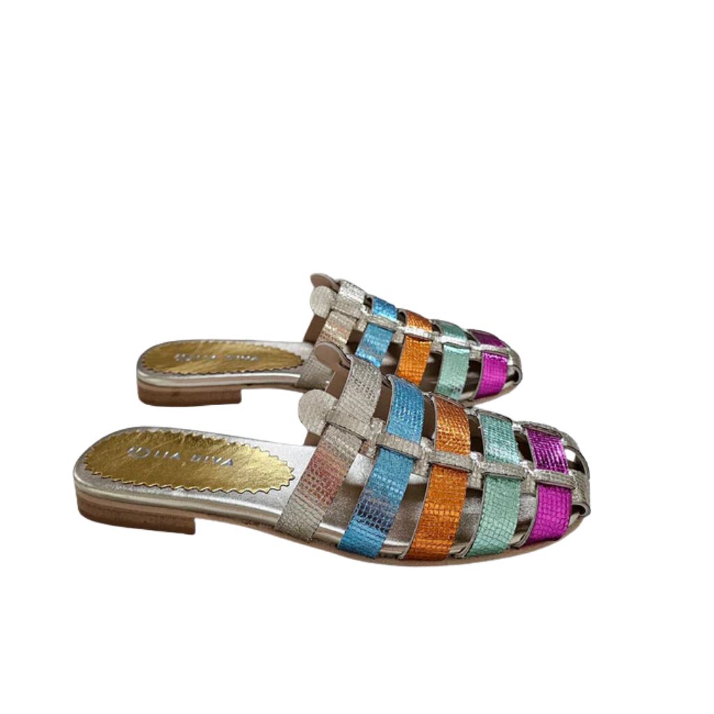 Ciabatta flat Gagliotta in pelle laminata intrecciata multicolor rainbow, sottopiede oro.