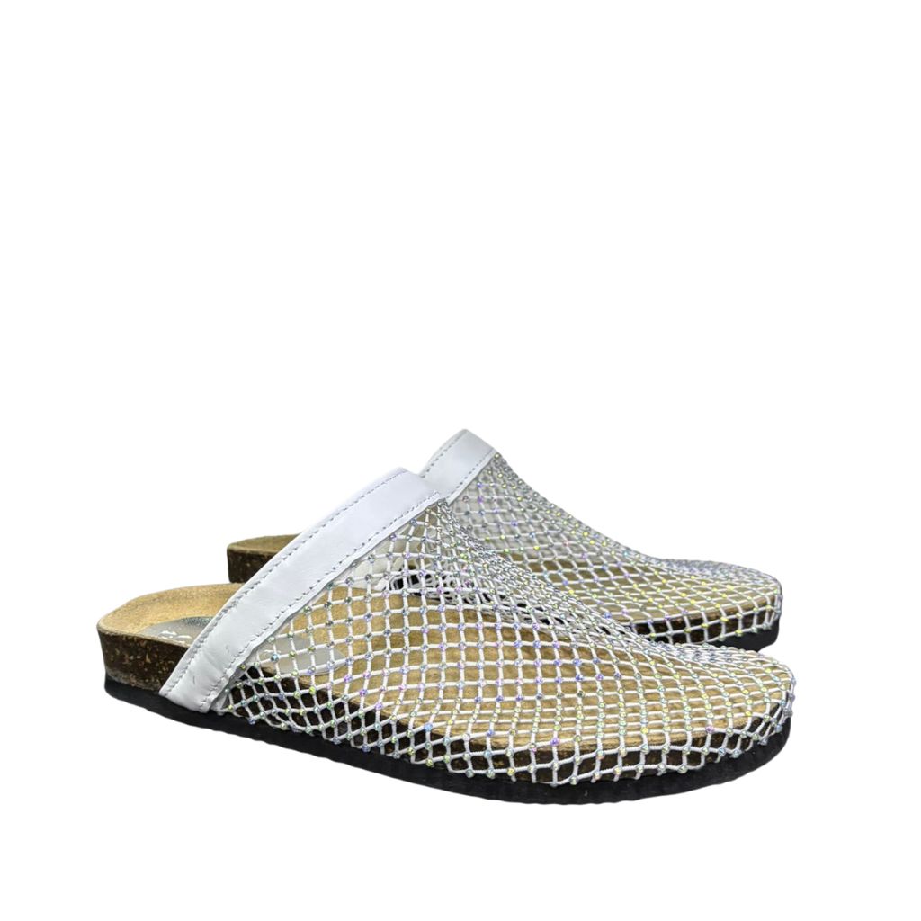 Mule Gagliotta in pelle bianca con rete glitterata multicolor, suola sughero 3 cm.