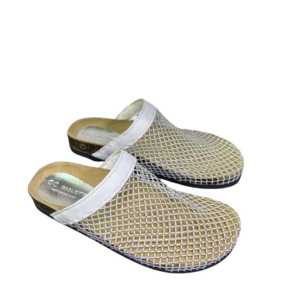 Mule Gagliotta in pelle bianca con rete glitterata multicolor, suola sughero 3 cm.