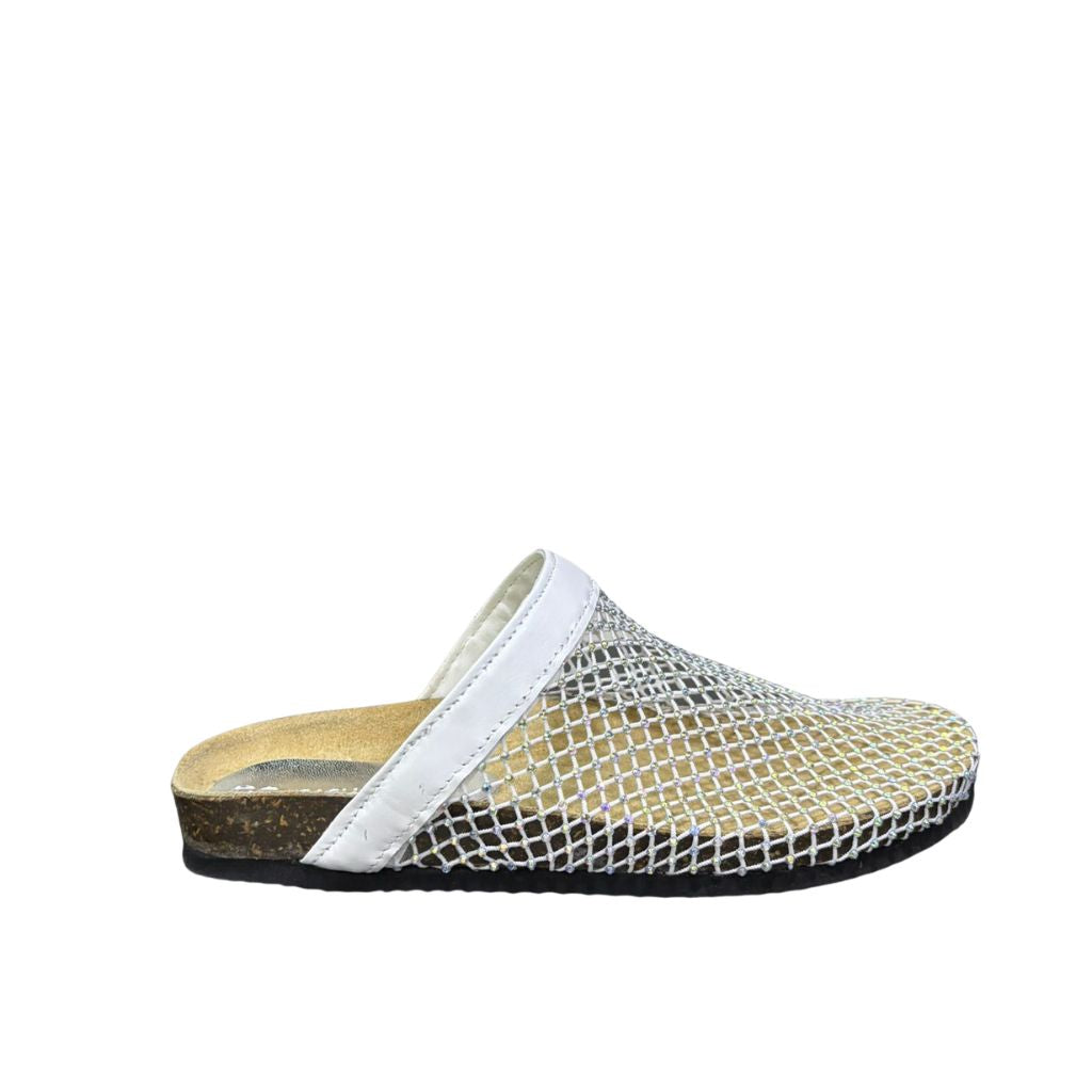 Mule Gagliotta in pelle bianca con rete glitterata multicolor, suola sughero 3 cm.