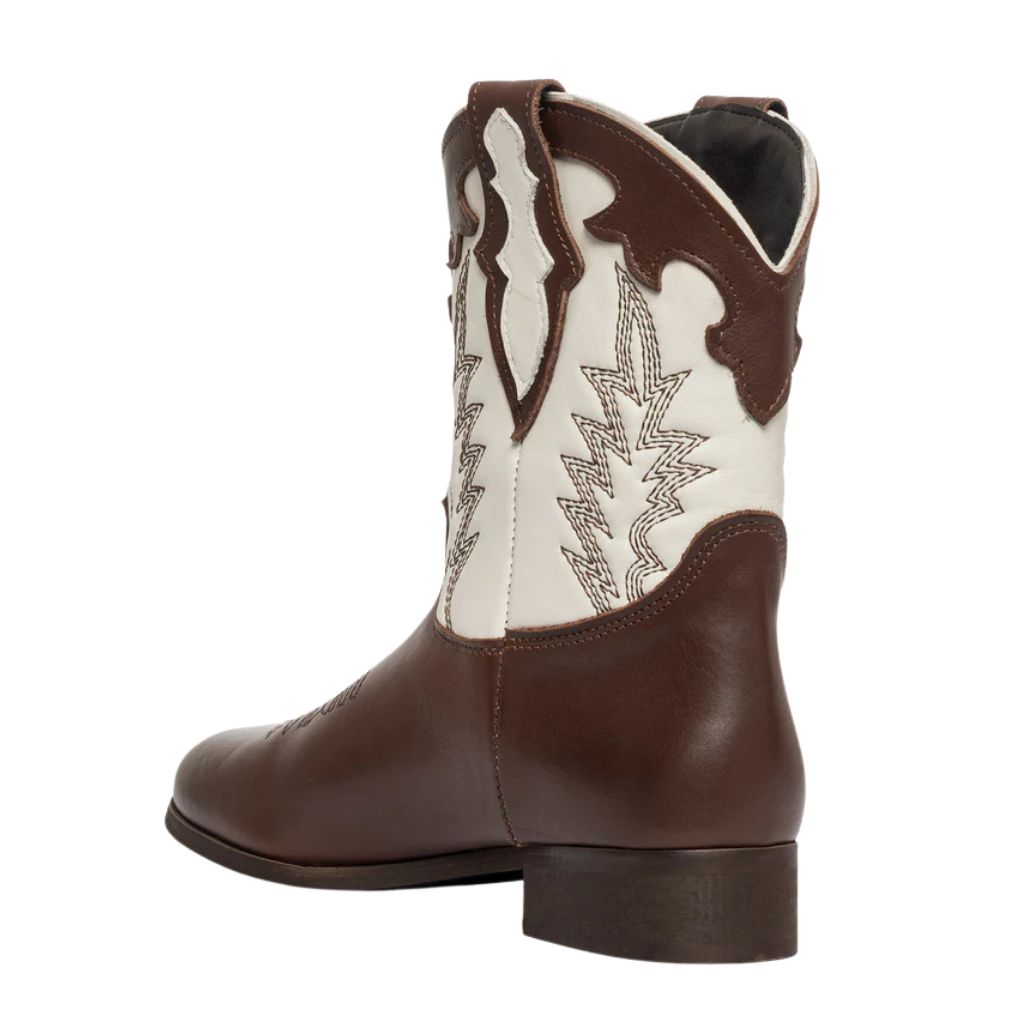 Stivali camperos in pelle bicolore marrone e panna con ricamo western